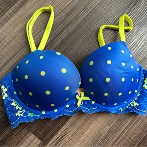 Victoria Secret 34C blue and yellow polka dot and lace lightly padded bra.